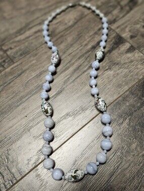 Vintage 70's BLUE LACE AGATE Bead Necklace with Floral CLOISONNÈ Accents 27IN
